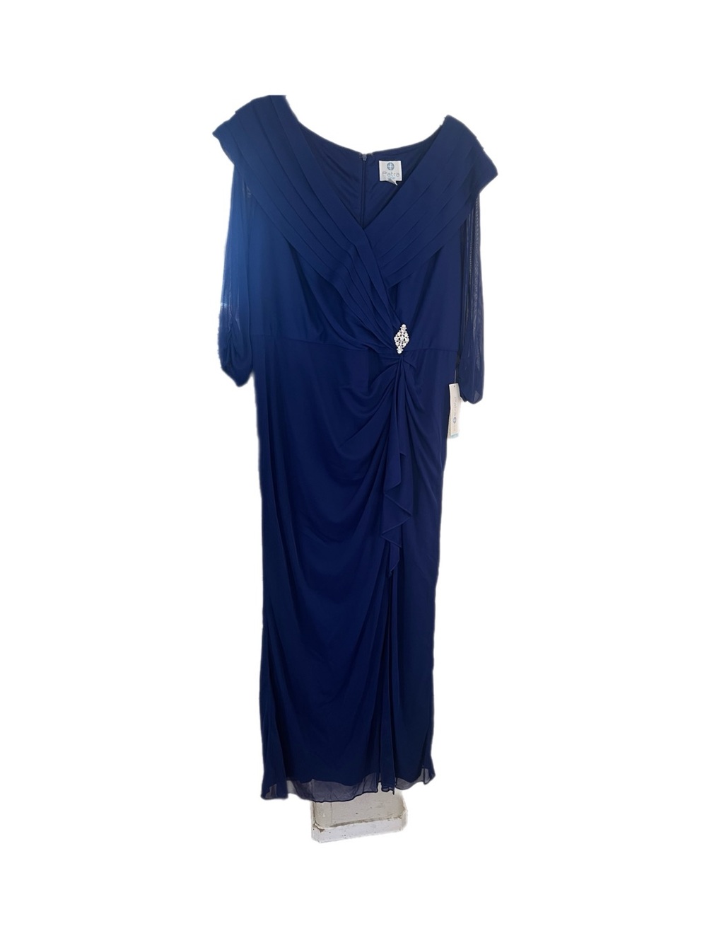 Patra Royal Blue Evening Gown Portrait Collar Ruched Brooch Dress Size 14w